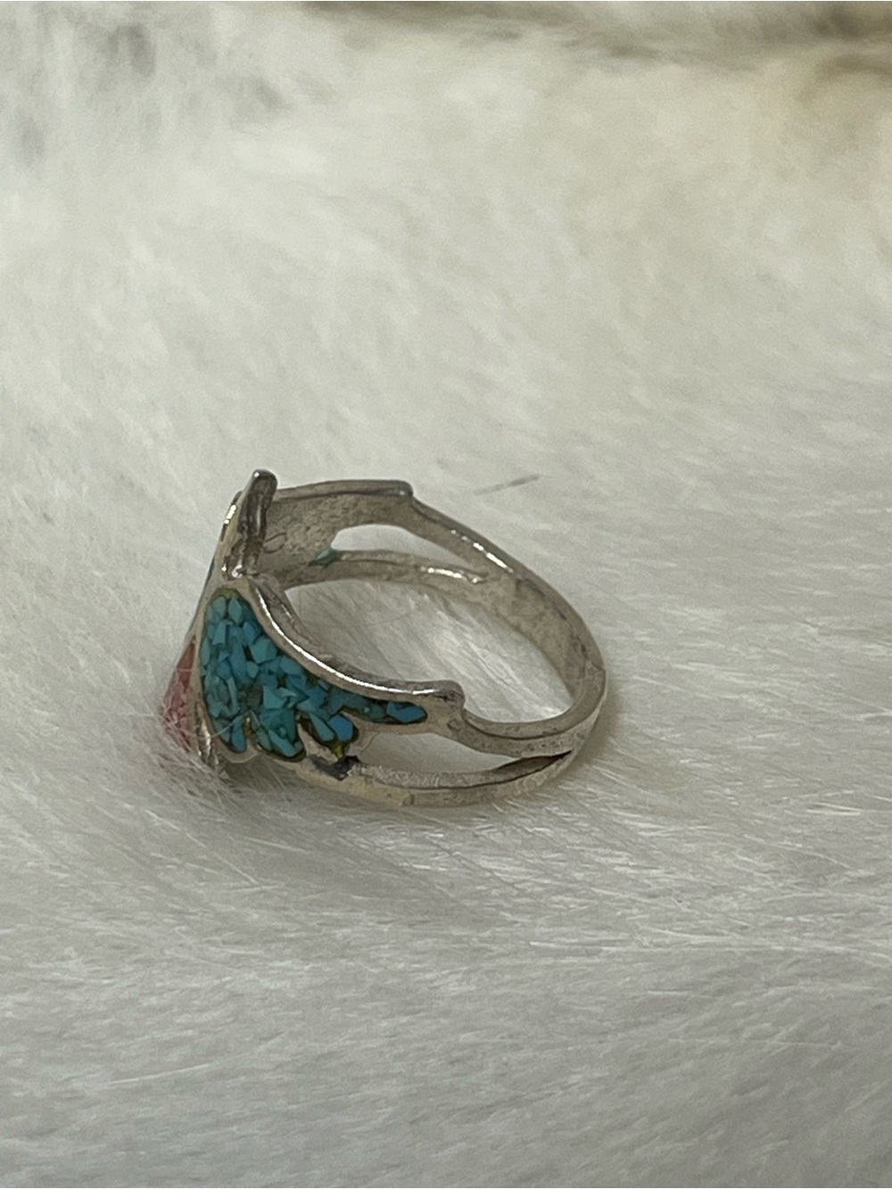 Vintage Sterling silver turquoise and coral inlay thunder bird - Picture 3 of 5